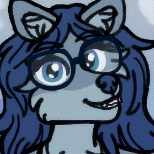 A picture of Julia, a blue wolf with glasses.