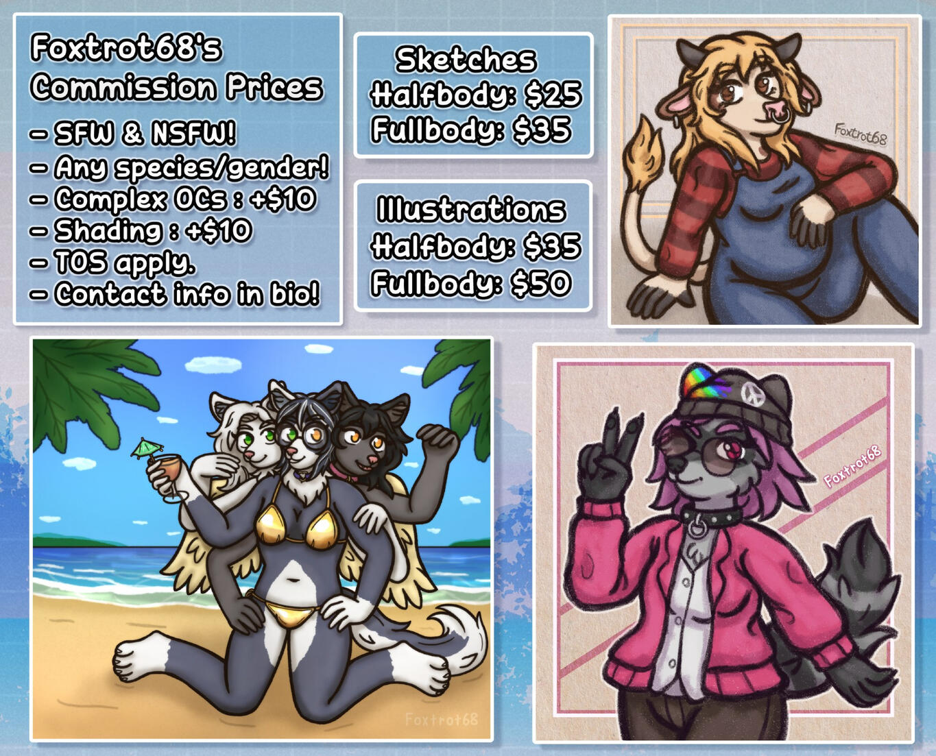 A commission price sheet with three different examples, two sketches on the right and one illustrations on the bottom left, Illustrations cost $35 for halfbody pictures and $50 for fullbody pictures, sketches cost $25 for halfbody pictures and $35 for full